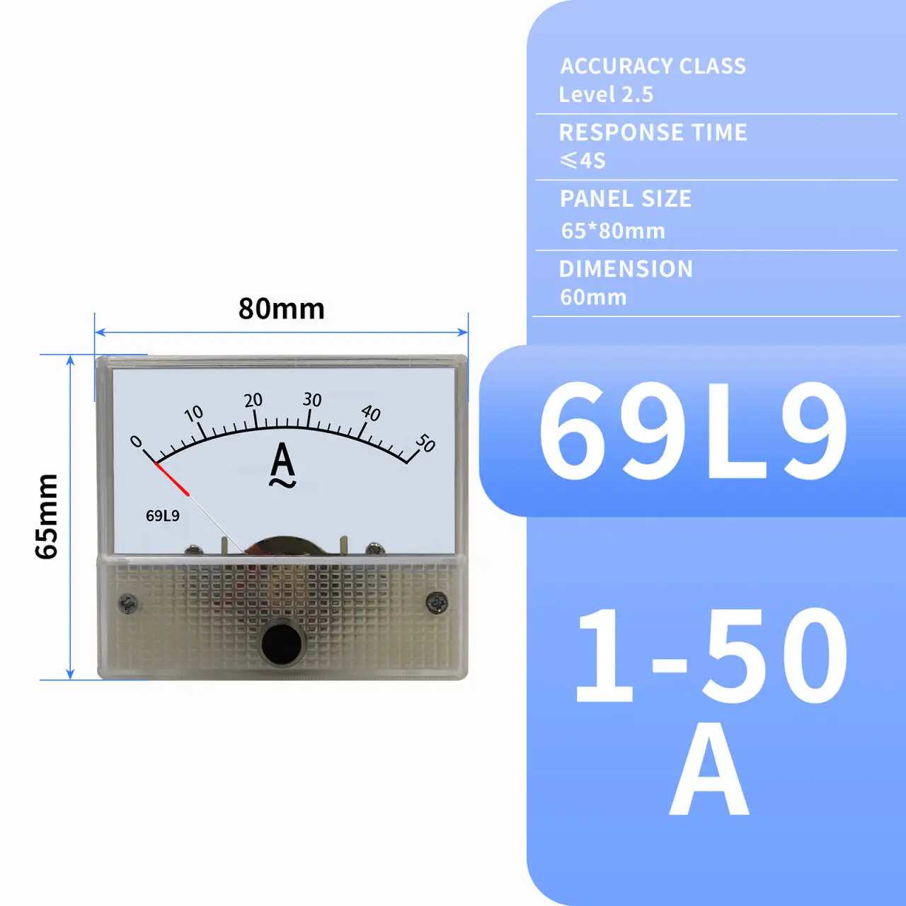 

YICHENG 69 series DC/AC ammeter pointer ammeter 1A2A3A5A10A20A30A50A,Panel size 65*80mm,hole size 60mm