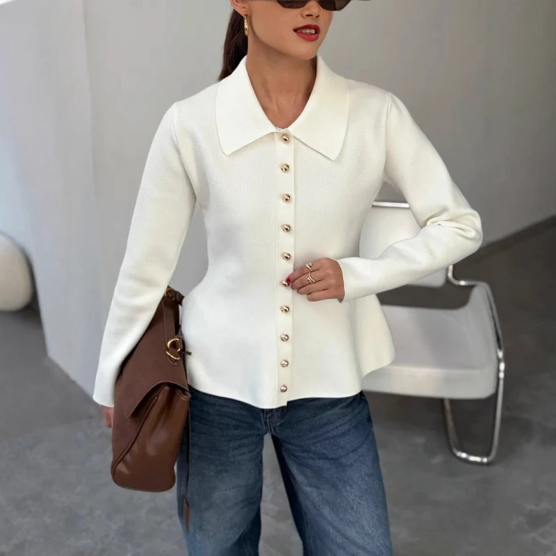 TARUXY-suéter tejido con solapa para mujer, moda con dobladillo acampanado, manga larga, un solo pecho, suéter de punto ajustado para ocio, abrigo para mujer de otoño