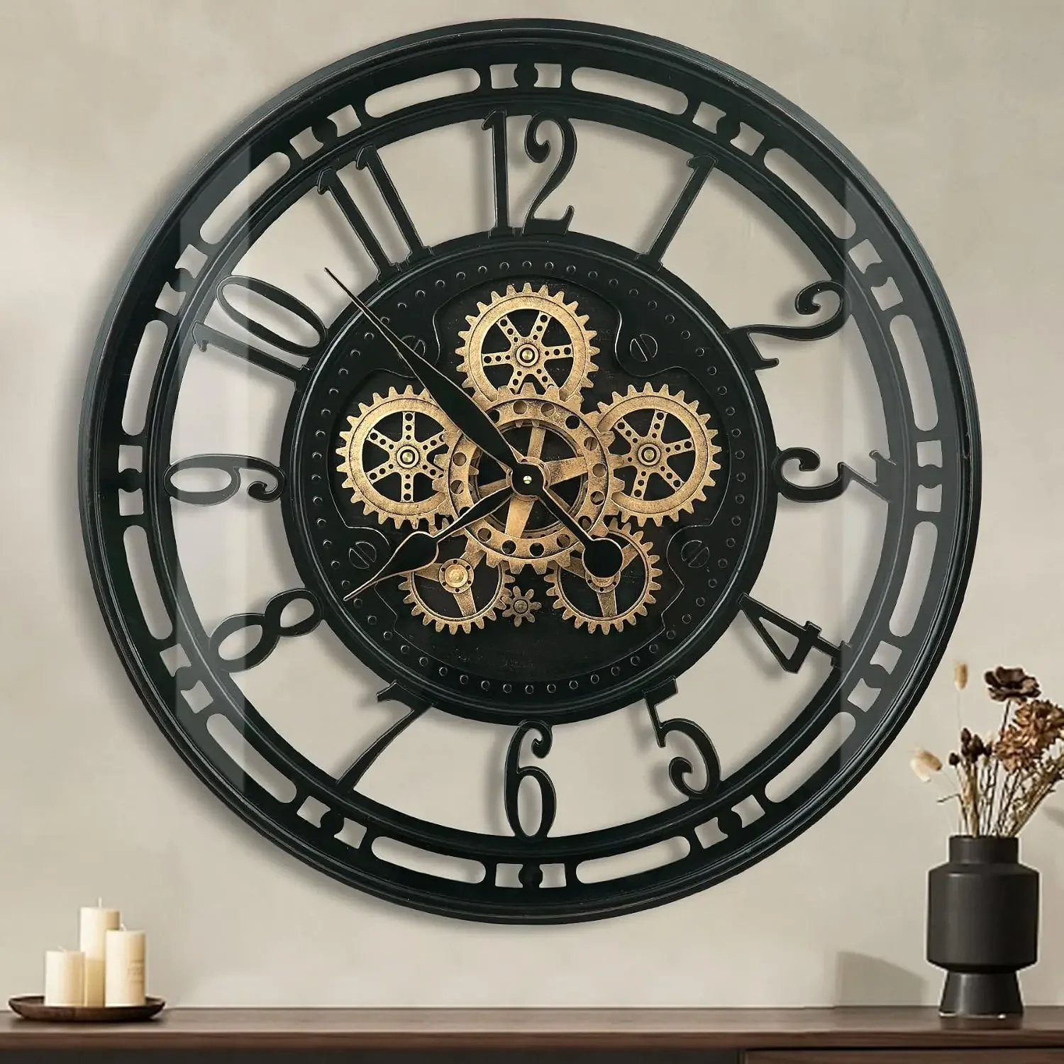 Moving Gears Wall Clock Large Modern Metal Clocks for Living Room Decor, Industrial Steampunk Unique Vintage Rustic Decorative C