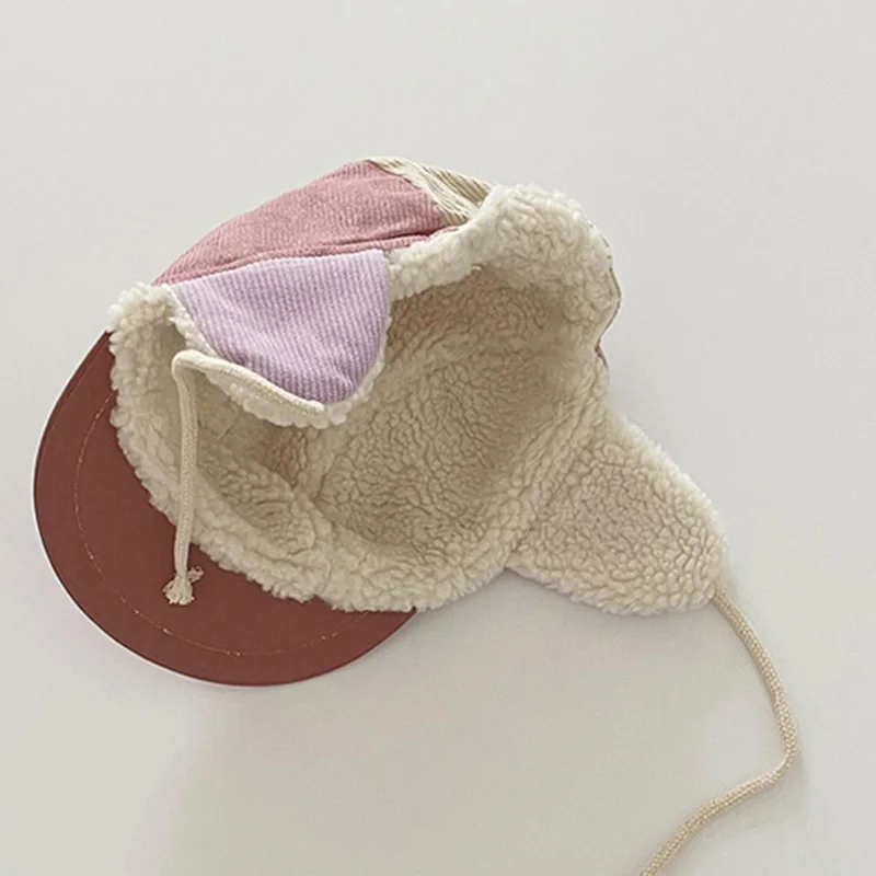 Gorra de béisbol con forro de piel para niños y niñas, gorro cálido de pana de retales, estilo coreano, para invierno, 50-52cm