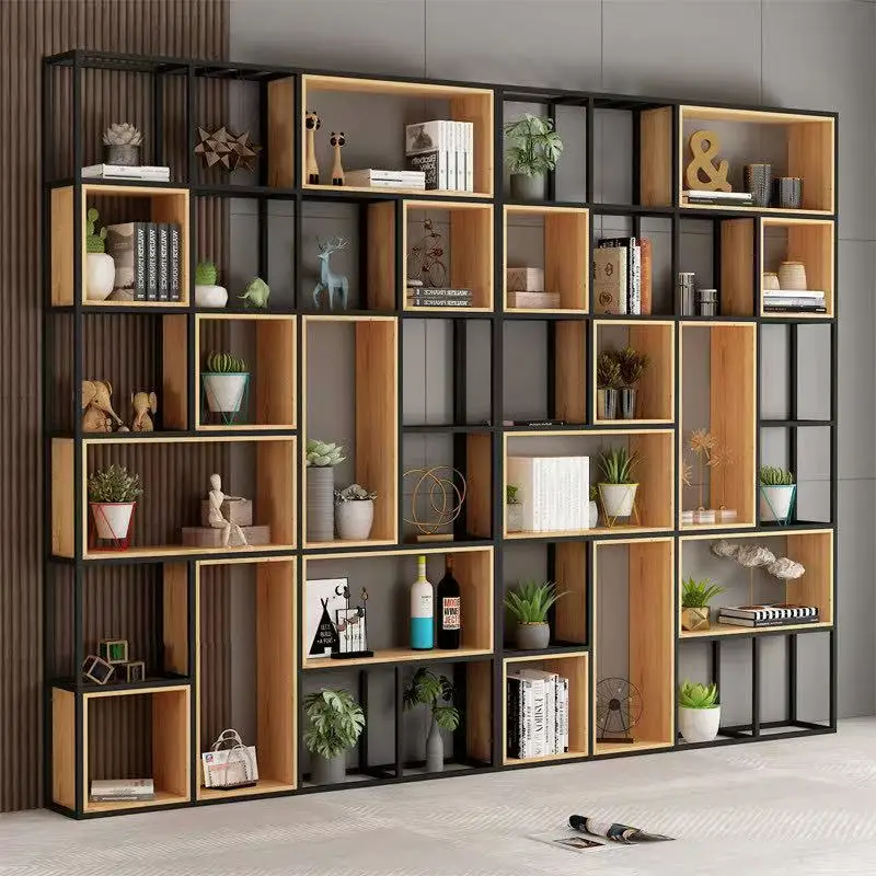 Office partition display rack Floor-to-ceiling multi-layer bookshelf Nordic wrought iron storage living room solid wood screen