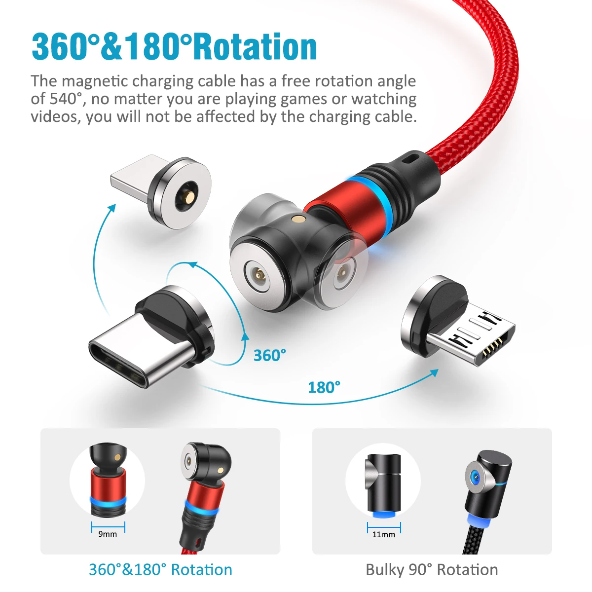 AUFU LED Magnetic USB Cable For iPhone Xiaomi Samsung Type C Cable USB Charging Data Charge 540 Rotate Micro USB Cable Cord Wire