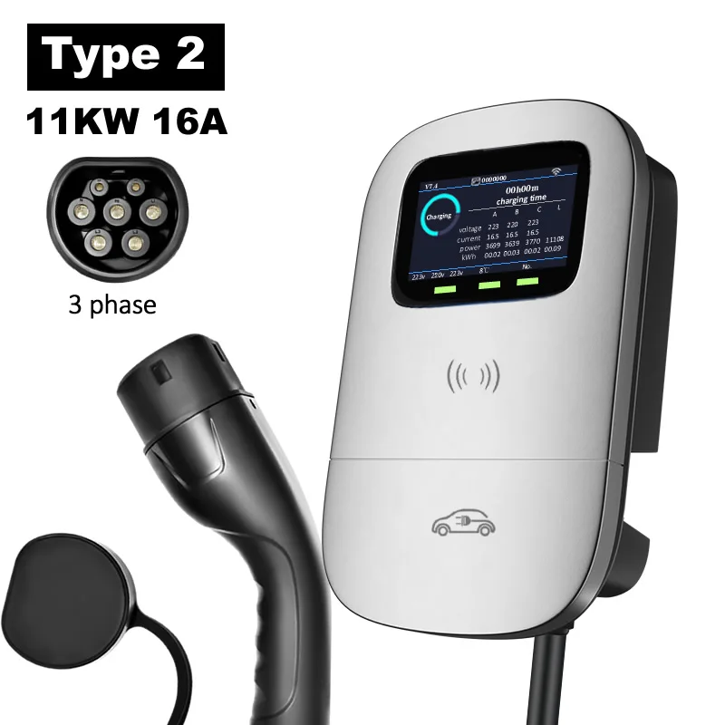 

3 phase 16A Electric Car Charger Charging Station Cable Vehicle Charger with Screen 11KW ev charger Type 2 Wallbox 380V EVSE