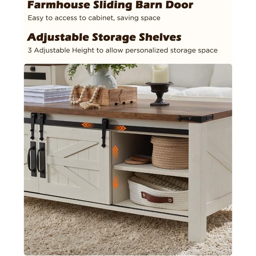 Farmhouse Style Lift-Top Coffee Table with Sliding Barn Door and Hidden Storage
