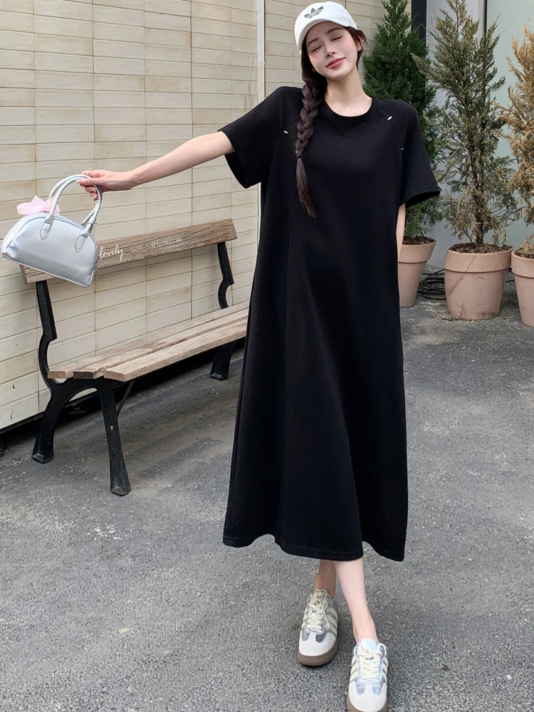 NYFS Tシャツサマードレス 2025 韓国スタイルの女性のルーズプラスサイズ半袖固体ロングドレスローブ Elbise