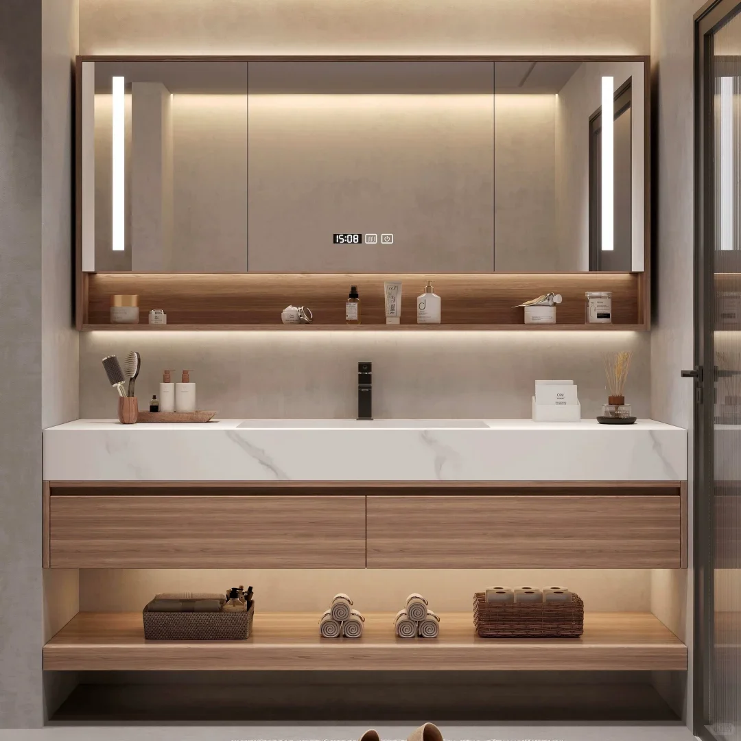 Modern Intelligent Bathroom Cabinet Set LED Touch Mirror Ceramic Basin Wall Mounted Eco Friendly Vanity Unit For Home view 5
