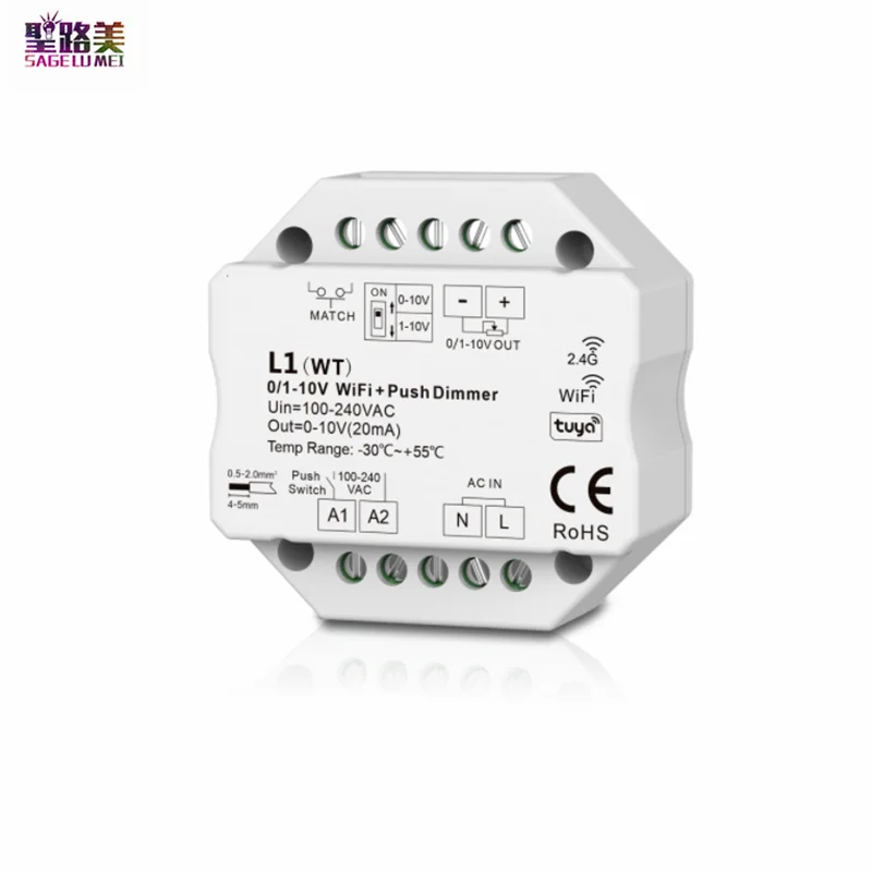 100-220VAC 1CH 0/1-10V WiFi e RF Dimmer Push L1(WT) Tuya APP Cloud on/off Controller DIP Switch per strisce luminose monocolore