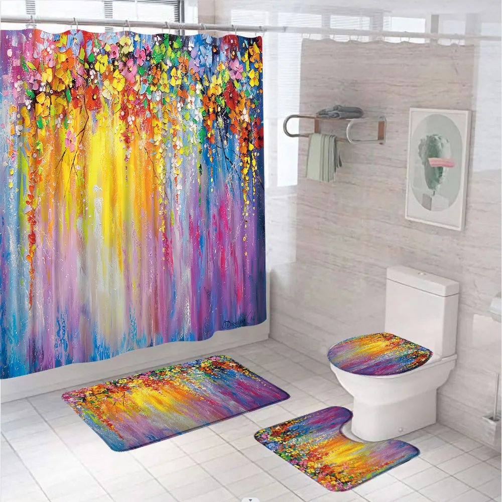 4Pc Shower Curtain Set Floral Watercolor Red Flower Purple Colorful Non-Slip Rugs Toilet Lid Cover Bath Mat Bathroom Decor Home