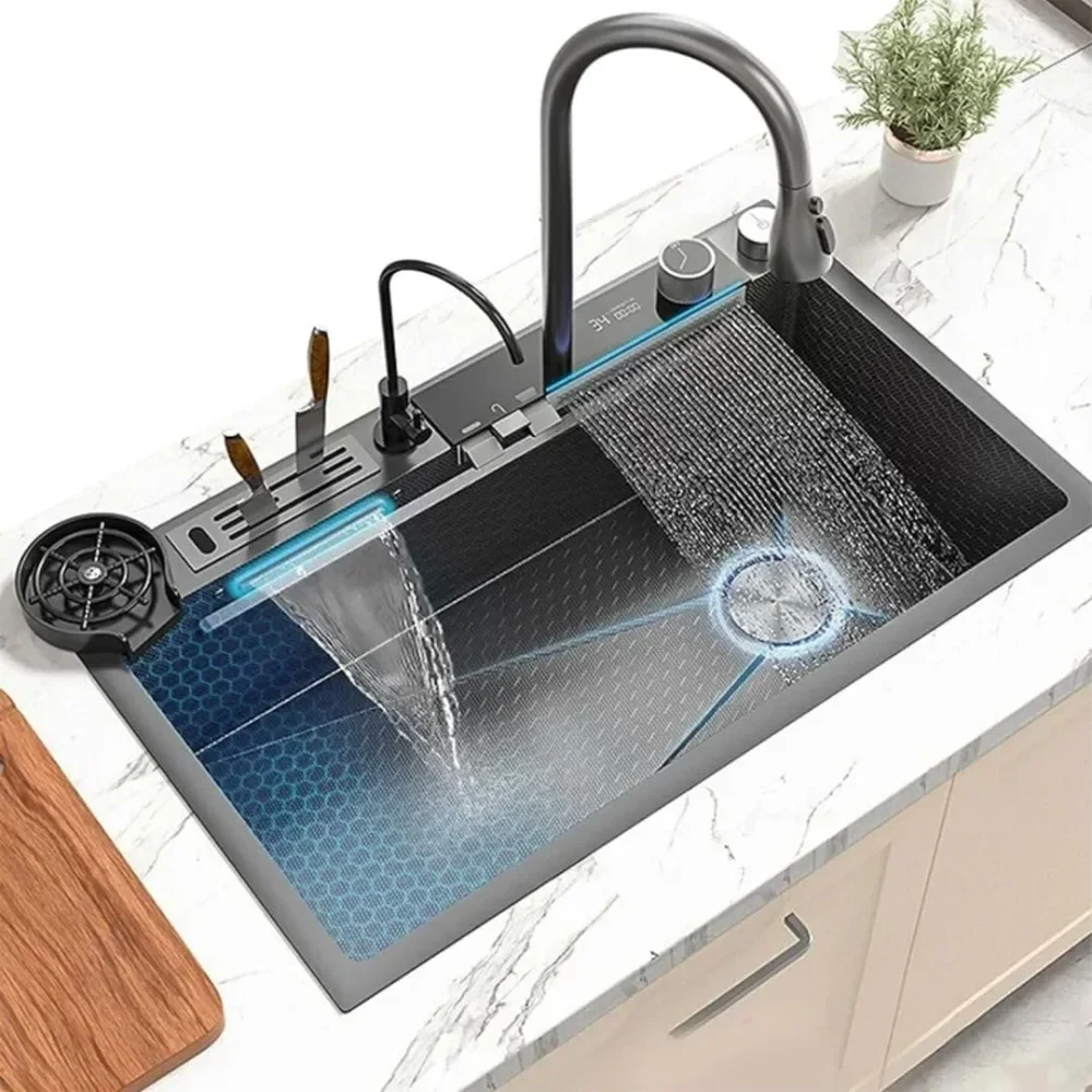 

Black Kitchen Sink Twin Waterfall Kitchen Sink 31.5" /29.5"Stainless Steel Single Bowl Sink with Faucet, Modern Honeycomb Nano