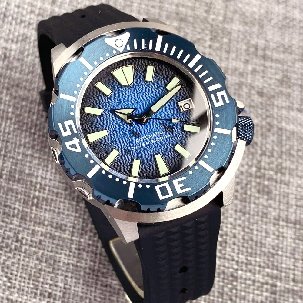 42mm Tandorio Monster Watches 20ATM Waterproof NH36A Diving Automatic Watch Men Blue Bezel Sapphire Luminous Rubber Strap New