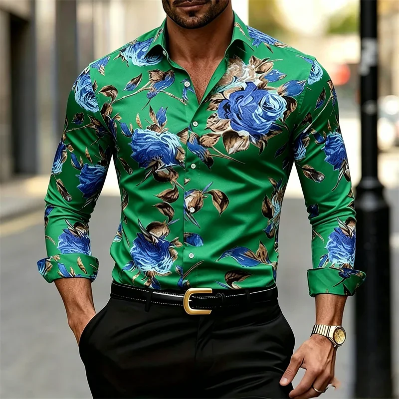 Men's Long-sleeve Collared Shirt with Floral Print, Casual Style Men's Top view 5
