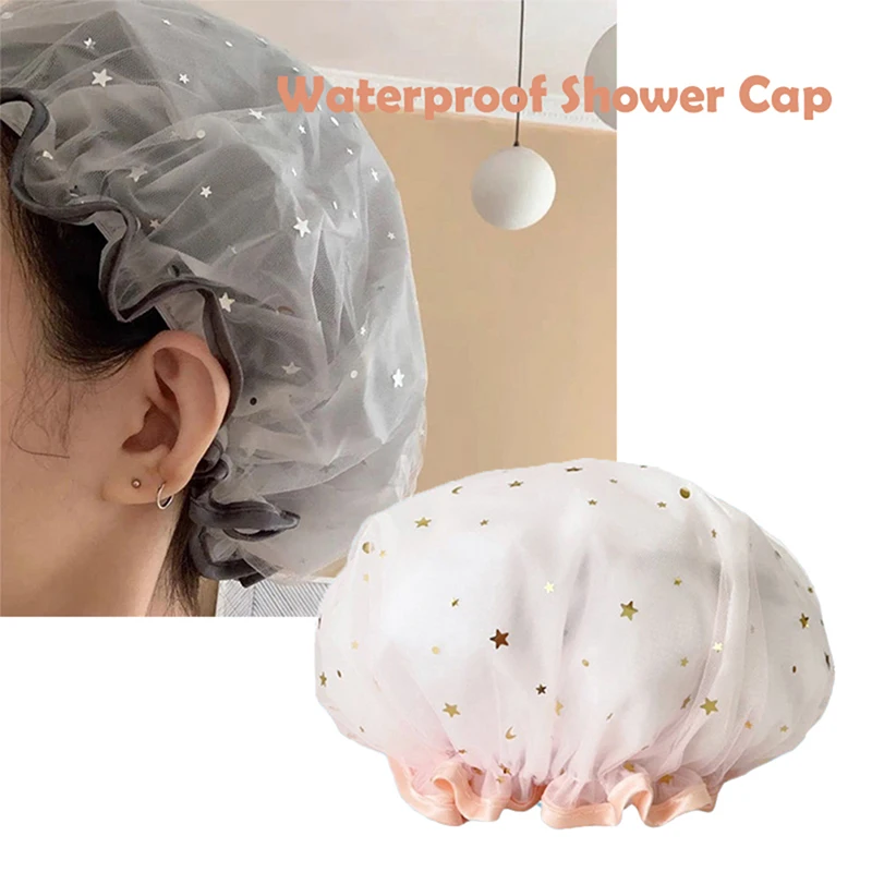 

1PC Double Layer Starry Sky Design Thick Waterproof Shower Cap Star Pattern Bathroom Hair Salon Supplies Bath Hat for Women