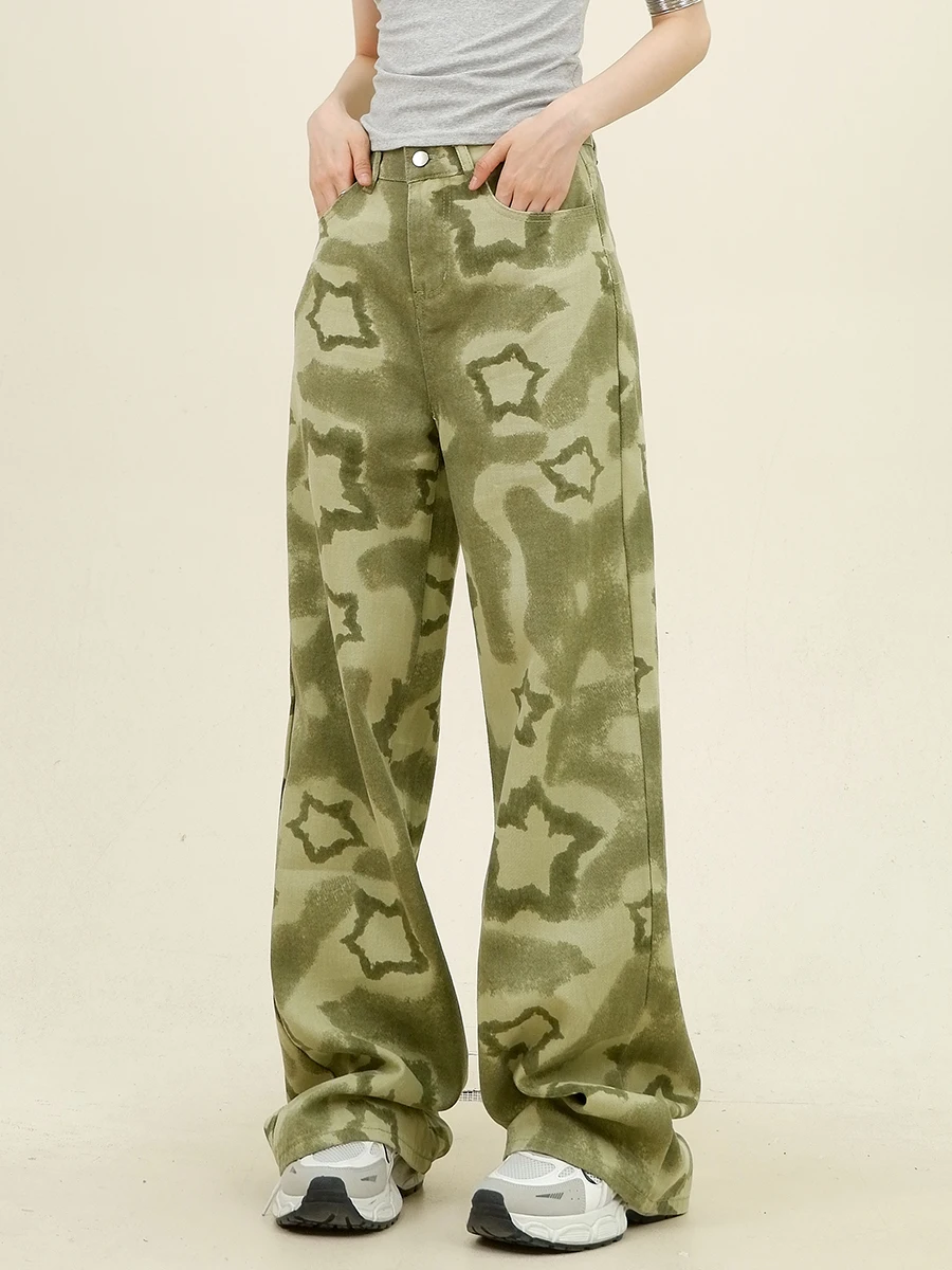 Green Camouflage Star Jeans Women's 2024 Summer New Loose Bf High Waist Thin Wide Legs Tide