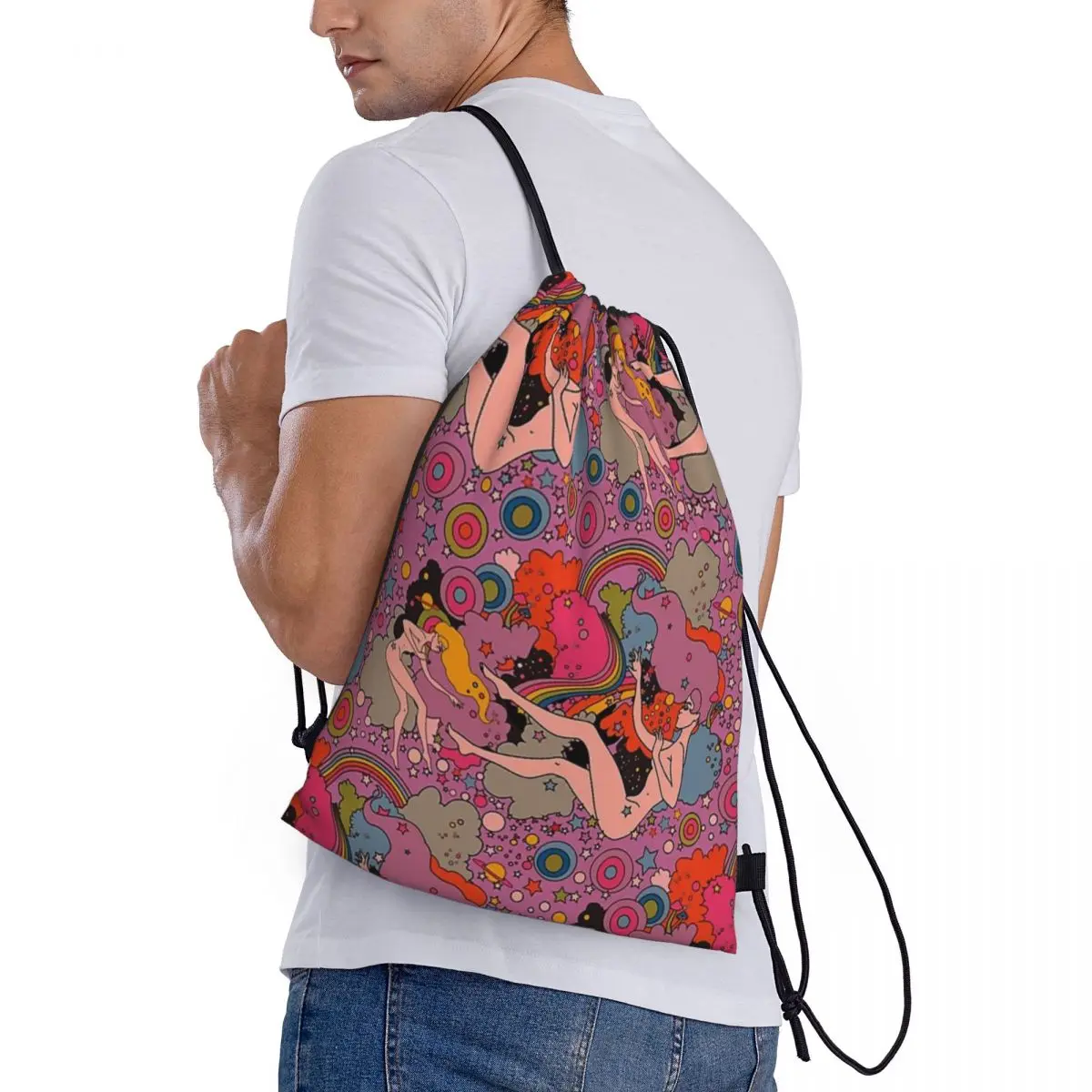 Bolsa de almacenamiento con cordón para niñas, bolso de hombro plegable, bolsa de viaje, color rosa, Violeta espacial