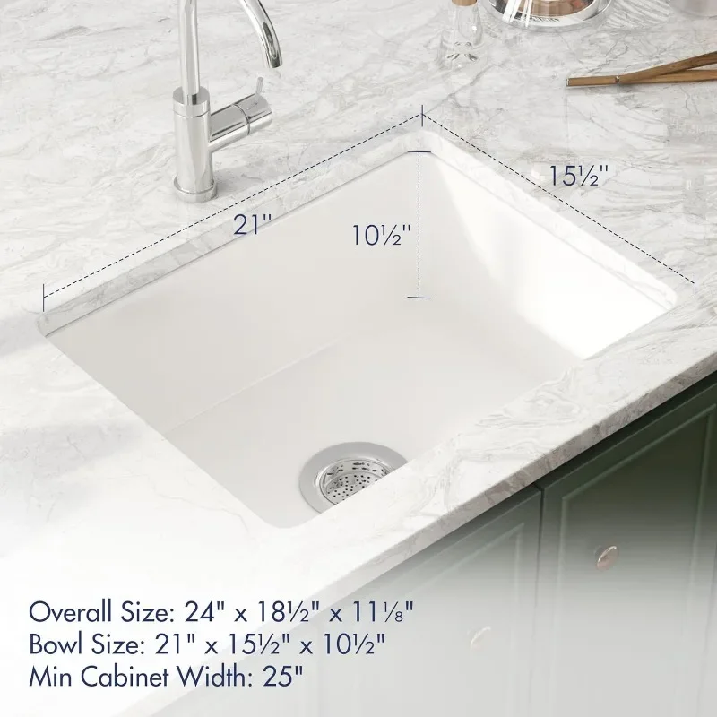 24x18 Under Mount Kitchen Sink 24in Double Mount White Kitchen Sink Over Mount Deep Single Bowl Bottom Mesh and Filter Drain