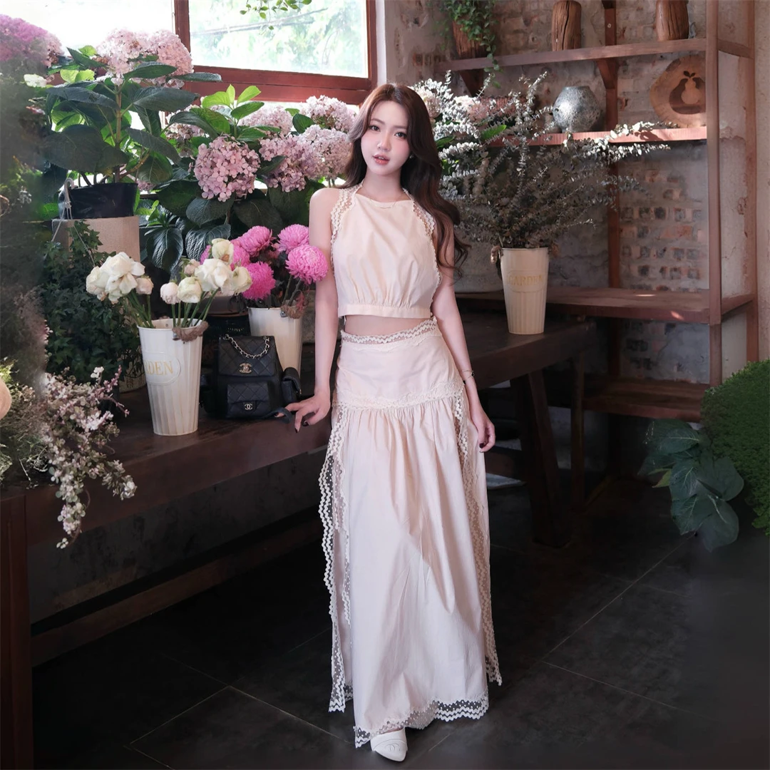 

Elegant Pink Vest Long Skirt Set French S Brand Cotton Breathable round Neck Short Length No Stretch Pure Color Spring Summer