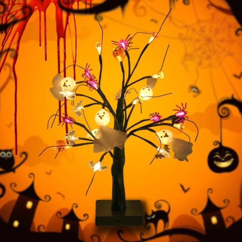 Halloween LED Tree, Holiday Atmosphere Light with Spider Ghost, for Party, Family, Friends, House, Office  Decor