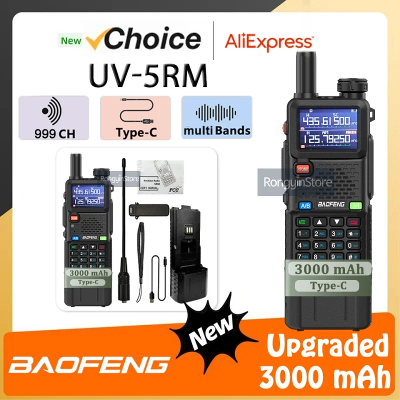 Baofeng UV-5RM Multi Band Walkie Talkie Air Band One Key Fast Frequency Copy 10W Vox Scrambler FM Radio 3000mAh Extended Battery