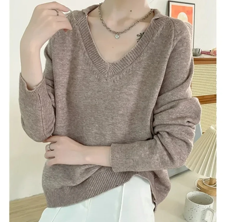 

V-Neck Women's Knitwear Sweater Korean Style Autumn Winter New Arrival Base Layer Pullover Bottoming Knitted Top