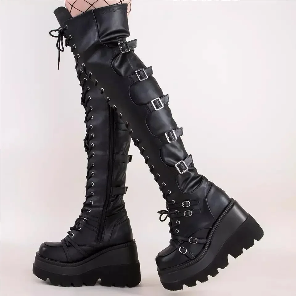 

Gothic Thigh High Boots Women Platform Wedges Motorcycle Boot Over The Knee Army Stripper Heels Punk Lace-up Belt Buckle Long