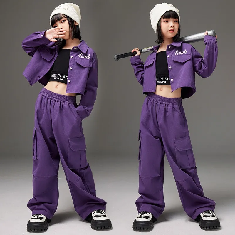 

Purple Hip Hop Suit for Girls Long Sleeve Shirt Crop Top Baggy Pants Kids Cool Street Dancewear Outfits Teenage Stage Wear Sets