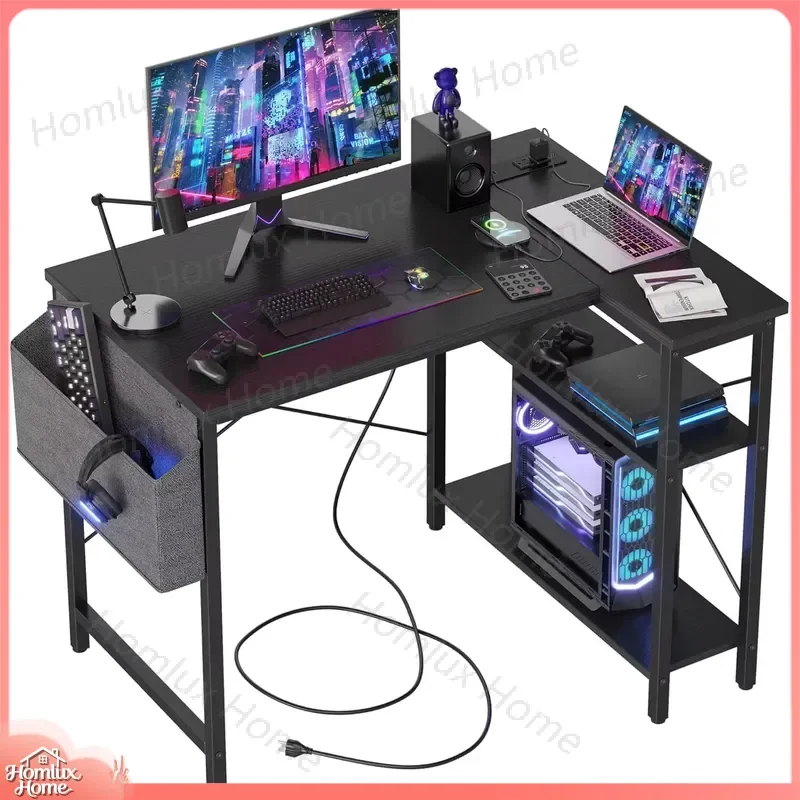 L Shaped Gaming Desk with RGB LED Lights Adjustable Expandable Computer Desk for Home Office Study Room Modern Stylish
