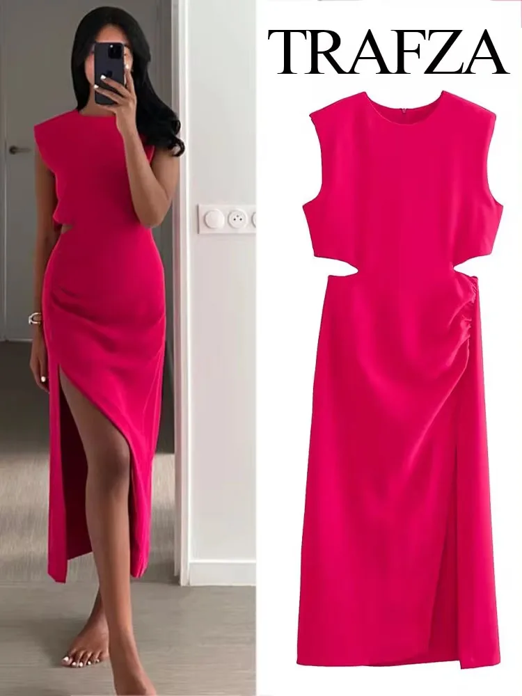 TRAFZA-Robe Longue à Col Rond pour Femme, Tenue de Soirée Élégante, Rose, Rouge, Froncée, à la Mode, Été