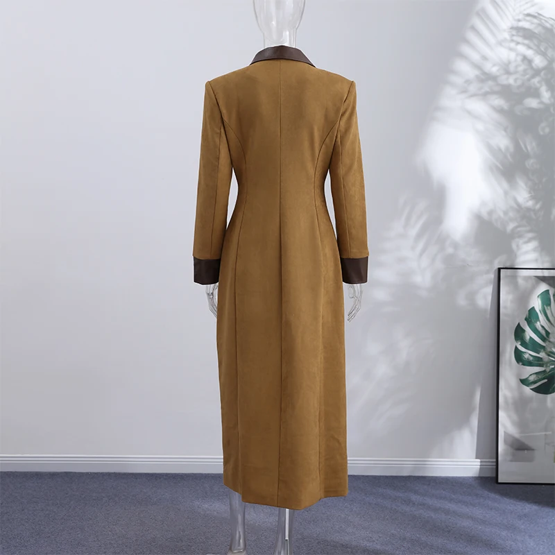 Kunstleder-Patchwork-Wildleder-Taillenbetonte Lange Mäntel für Damen, Street-Style, Reverskragen, Vollarm, Paneelierte Schlanke Jacken, Schicke Damen-Oberbekleidung – Detail 5