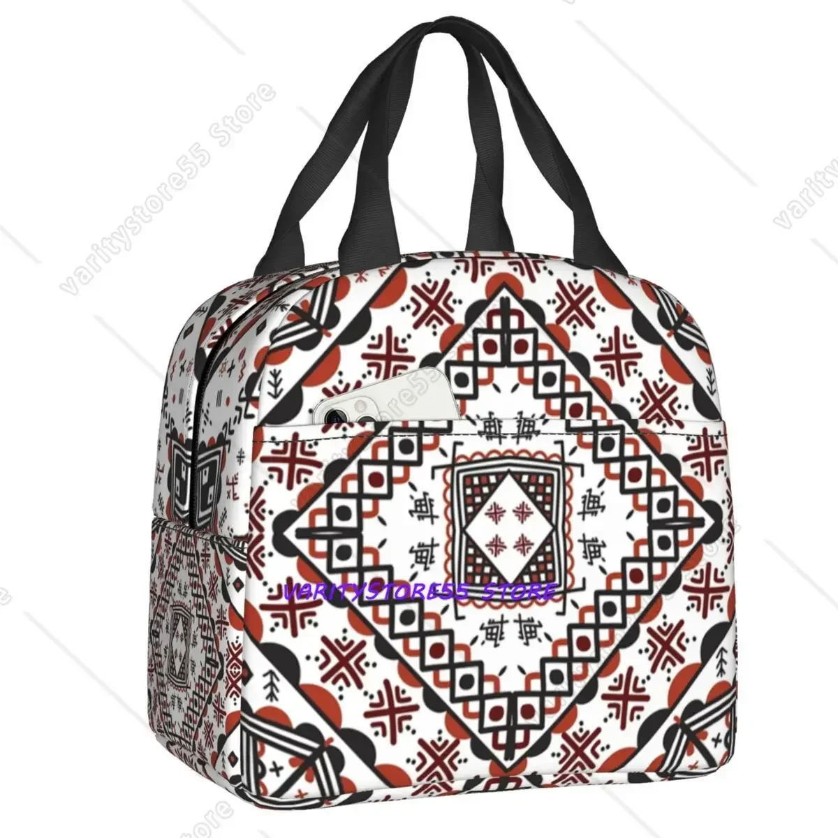 Custom Red Kabyle Carpet Pattern Insulated Lunch Tote Bag for Women Amazigh Resuable Cooler Thermal Food Lunch Box Outdoor