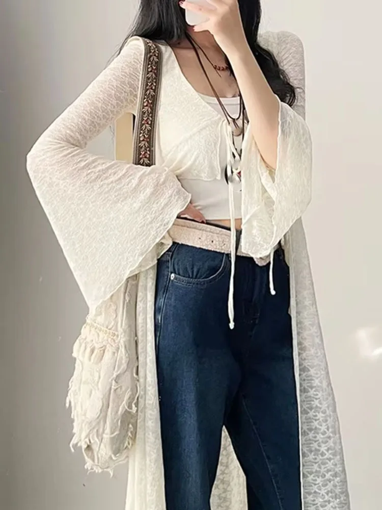 

Y2k Fashion Lazy White Lace Cardigan Spring Autumn Sun Protection Coat Women Gothic Mid-length Loose All-match Tops Mujer Shirts