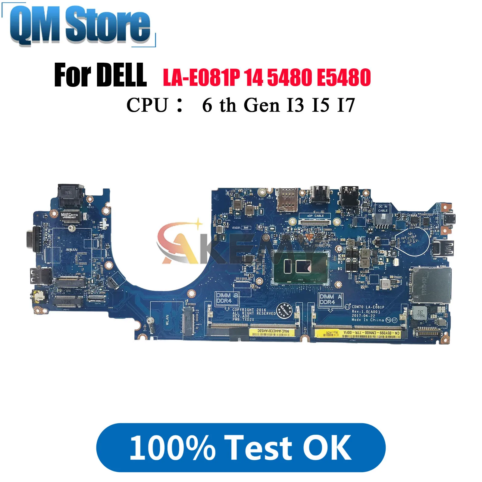 

Для материнской платы Dell Latitude 5480 E5480 LA-E081P, совместимая с процессором I3 I5 I7 0HXXM1 04X333 0W86DC 100% полностью протестирована