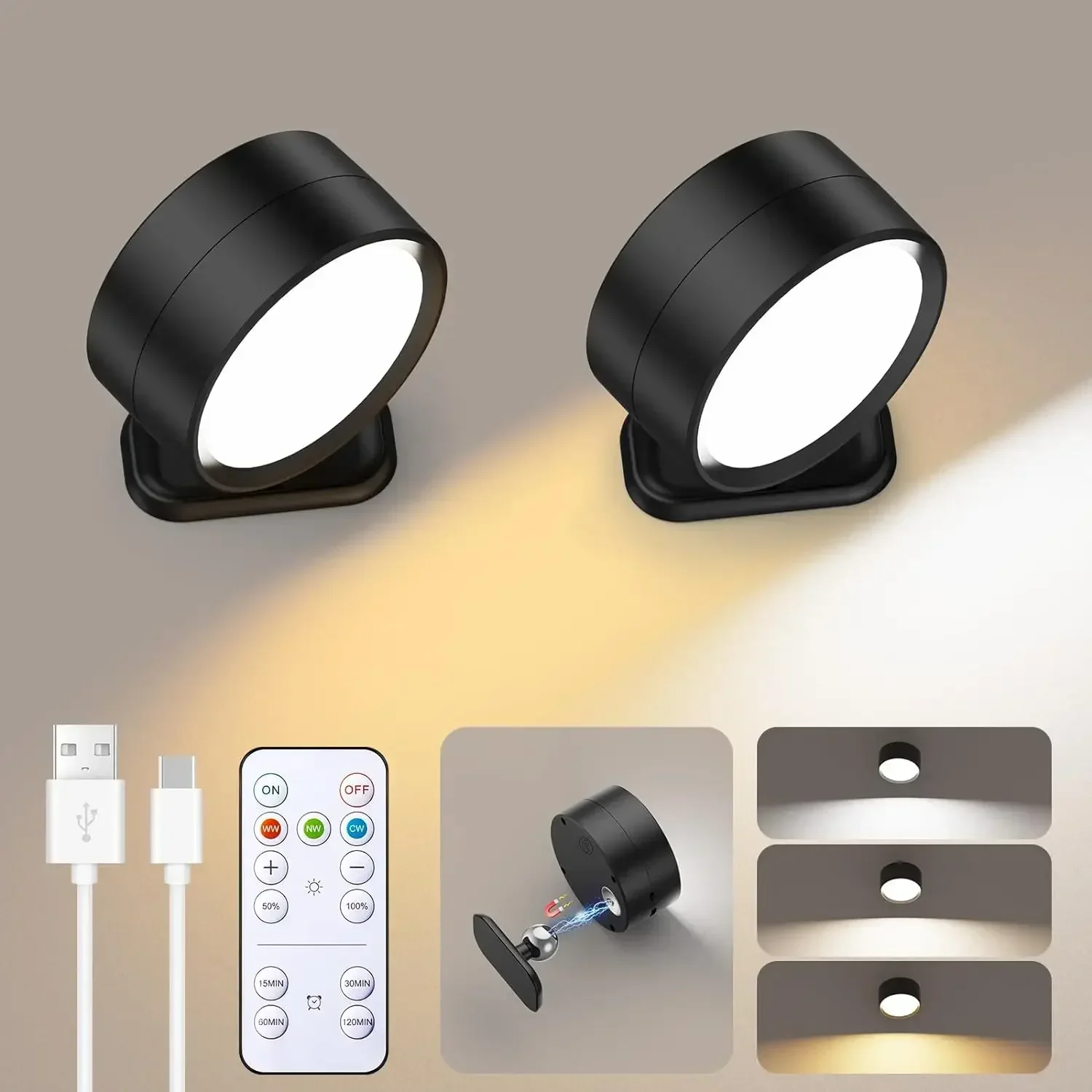 Apliques de pared LED, 3 niveles de brillo, 3 modos de color, luces de pared con pilas 360 ° Lámpara de pared giratoria con control táctil