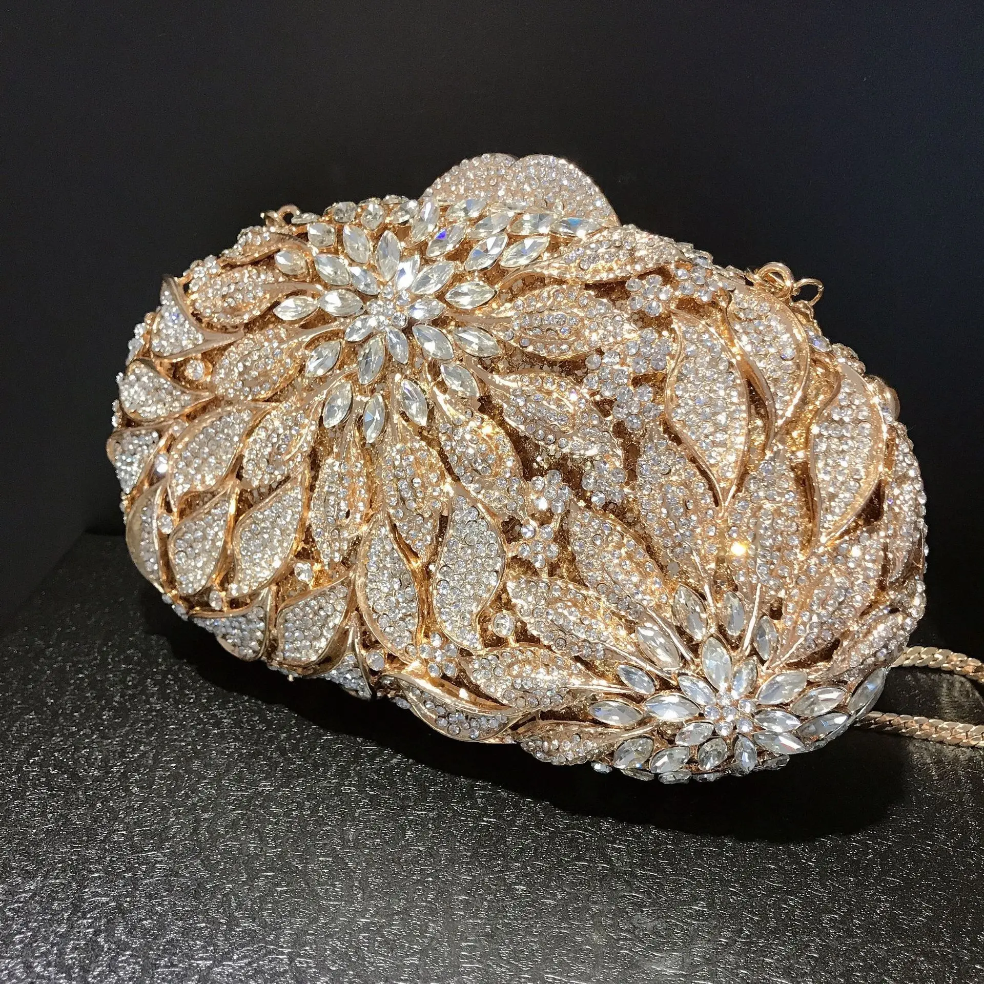 Gold Metal Leaves White Crystals Evening Clutch Bags Luxury Women Wedding Party Purse Ball Handbags Rhinestone Mini heart bag