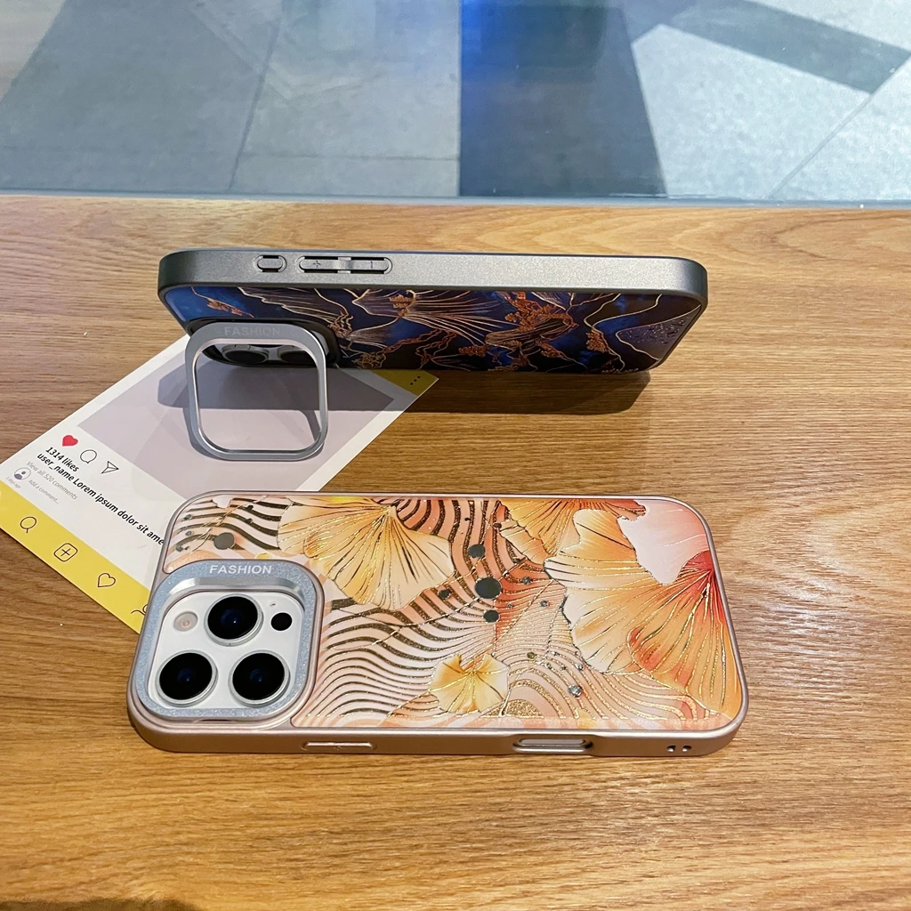 

Art Design Gilding High Mountain Maple Leaves Lens Border With Holder Phone Cover Case for iPhone 17 16 15 14 13 Pro Max 17Air