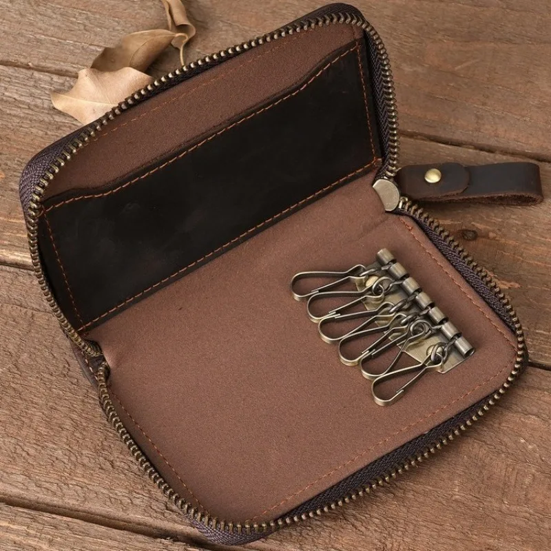 

Кожаный чехол для ключей в стиле для пар, на пояс, с большой вместимостью, на молнии, с несколькими крючками, органайзер-кошелек для ключей от машины и дома