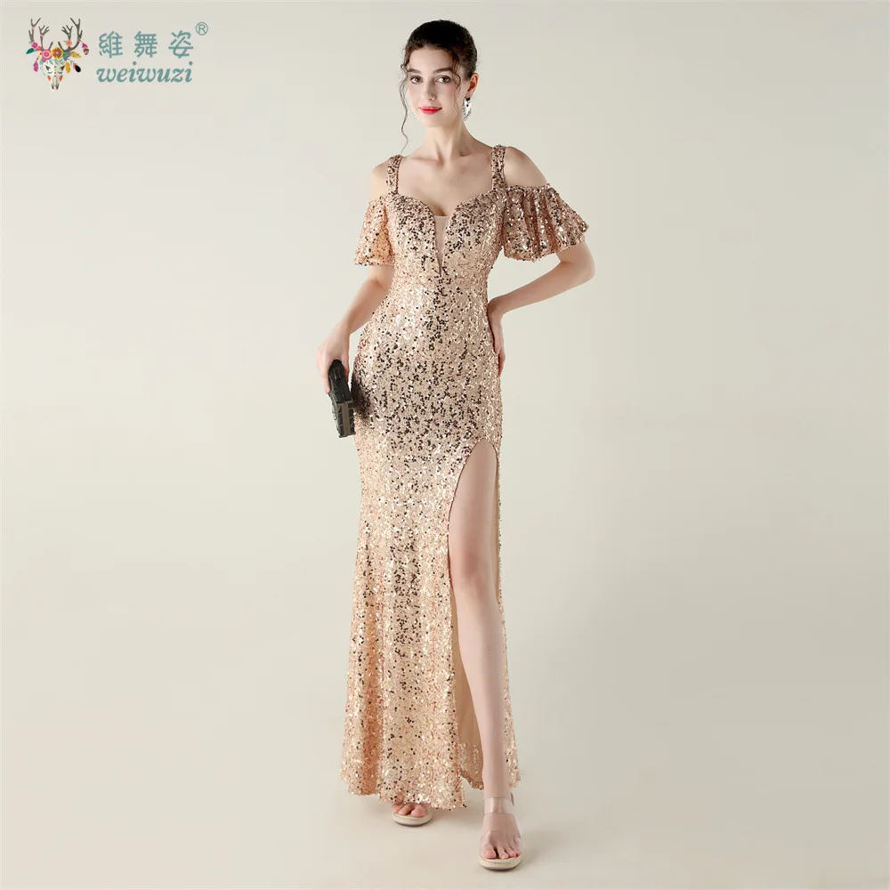 

Summer Women Sequin High Slit Sexy Slit Fishtail Dress Elegant Cocktail Prom Evening Dresses Off Shoulder Maxi Bodycon Dress