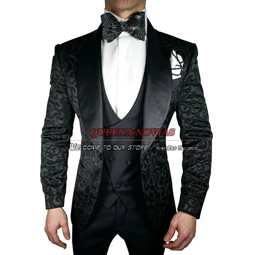 Smoking de mariage formel noir pour hommes, coupe couvertes, luxe chic, jacquard, marié, olympiques sur mesure, vêtements de mode masculine, robe de Rh, 3 pièces