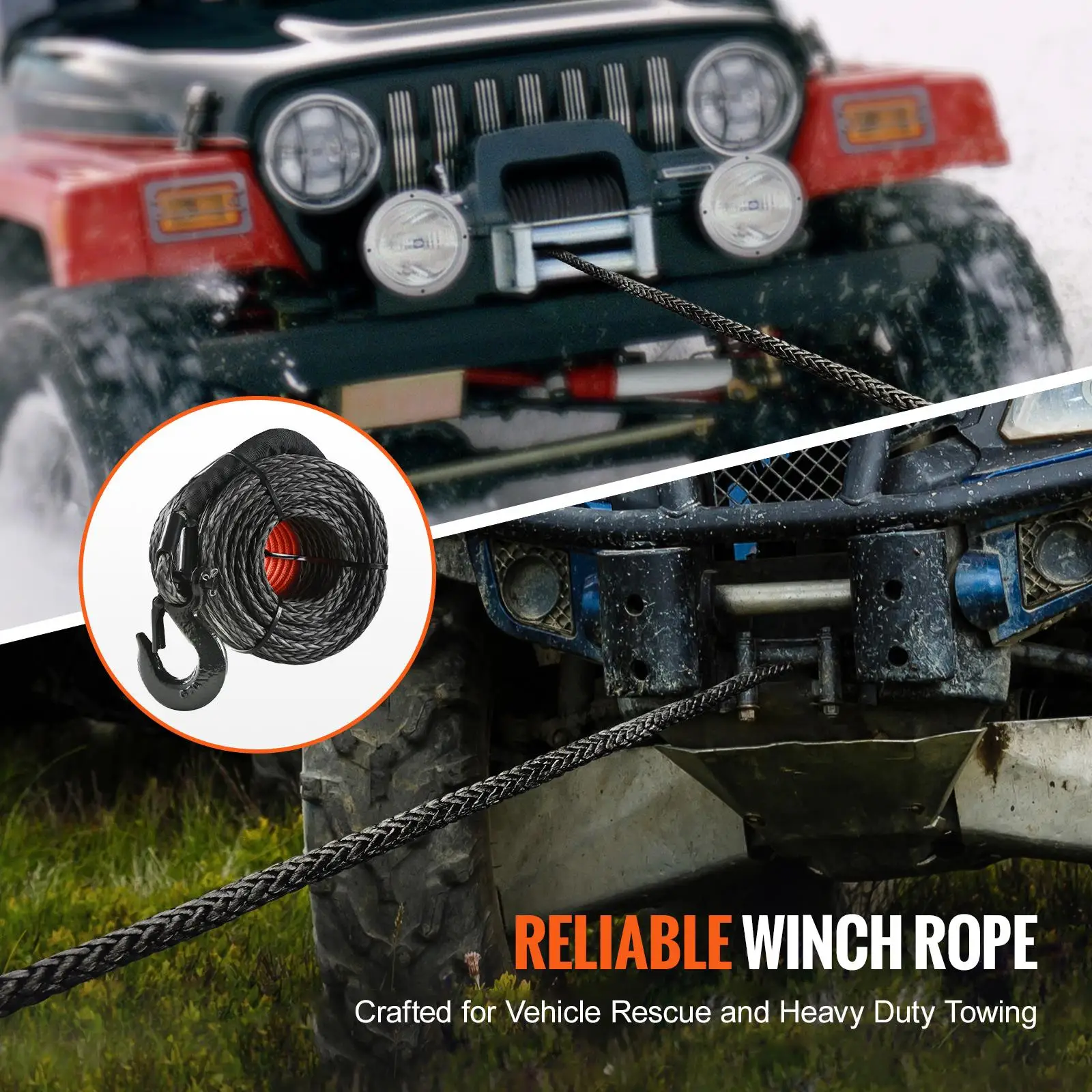 Synthetic Winch Rope, 1/2 Inch x 92 Feet 32,000 lbs Synthetic Winch Line Cable Rope with Protective Sleeve + Forged Winch Hook + Pull Strap, Universal Fit for suv , Large Off-Road Vehicle, Truck