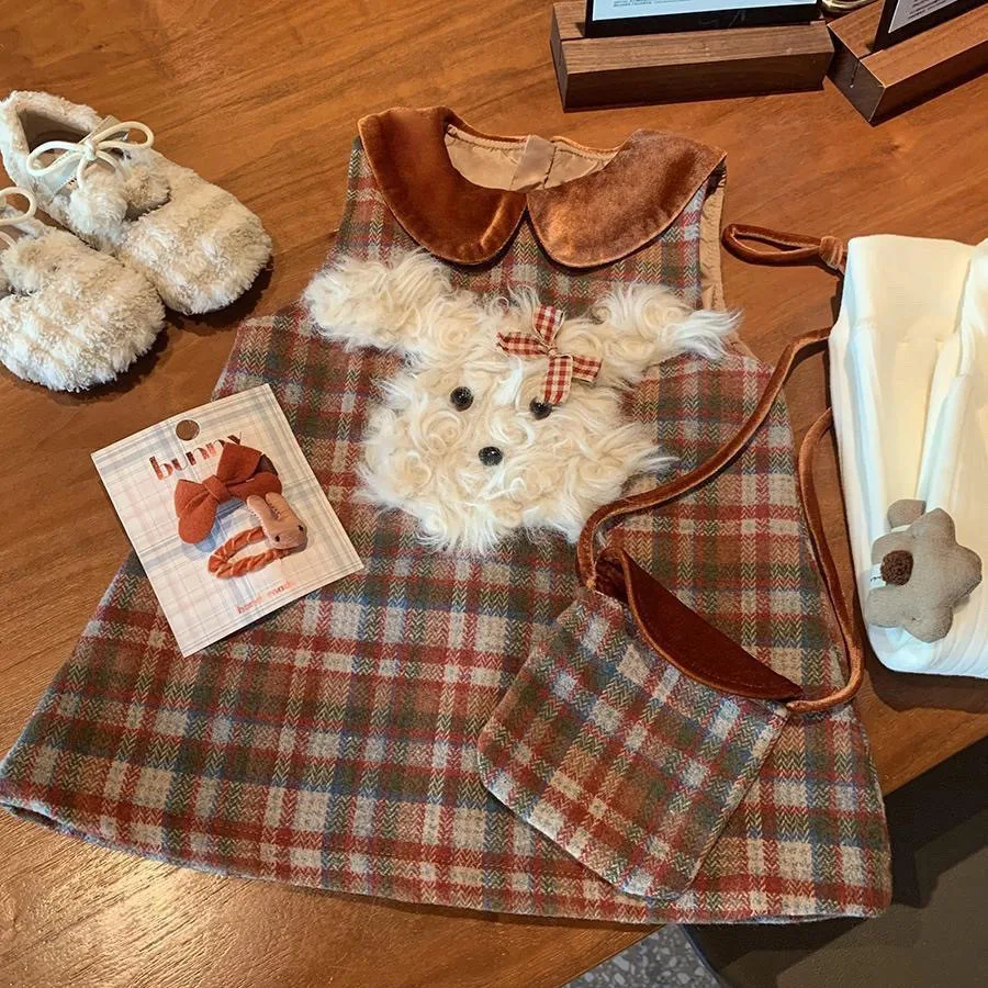 

Girls' Velvet Vest Dress Autumn/Winter New Collection Children's Baby Retro Plaid Dress Christmas