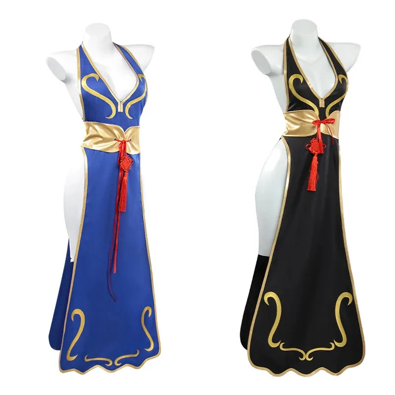 

Li костюмы для косплея Cheongsam синие и черные сексуальные платья игра Chun-Li униформа Хэллоуин карнавальная вечеринка одевание для женщин