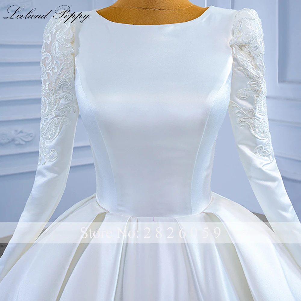 Lsland Poppy frauen Ballkleid Satin Hochzeit Kleider Lange Ärmeln Bodenlangen Spitze Appliques Brautkleider mit Korsett Zurück