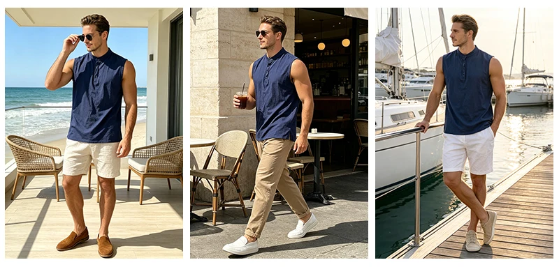 2026 Neue Herren Leinen-Henley-Tanktops mit Stehkragen, Ärmellos, Locker Sitzend, für Strand, Resort, Reisen, Alltag, Outdoor, Urlaub, Freizeit-Weste – Detail 1