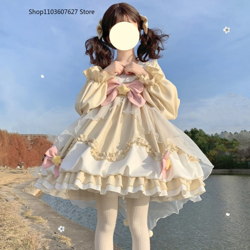 Giapponese Kawaii Lolita Style Dress donna Sweet Star Bow Sailor Collar maniche lunghe abiti da principessa Cute Ruffles Mesh Mini Dress