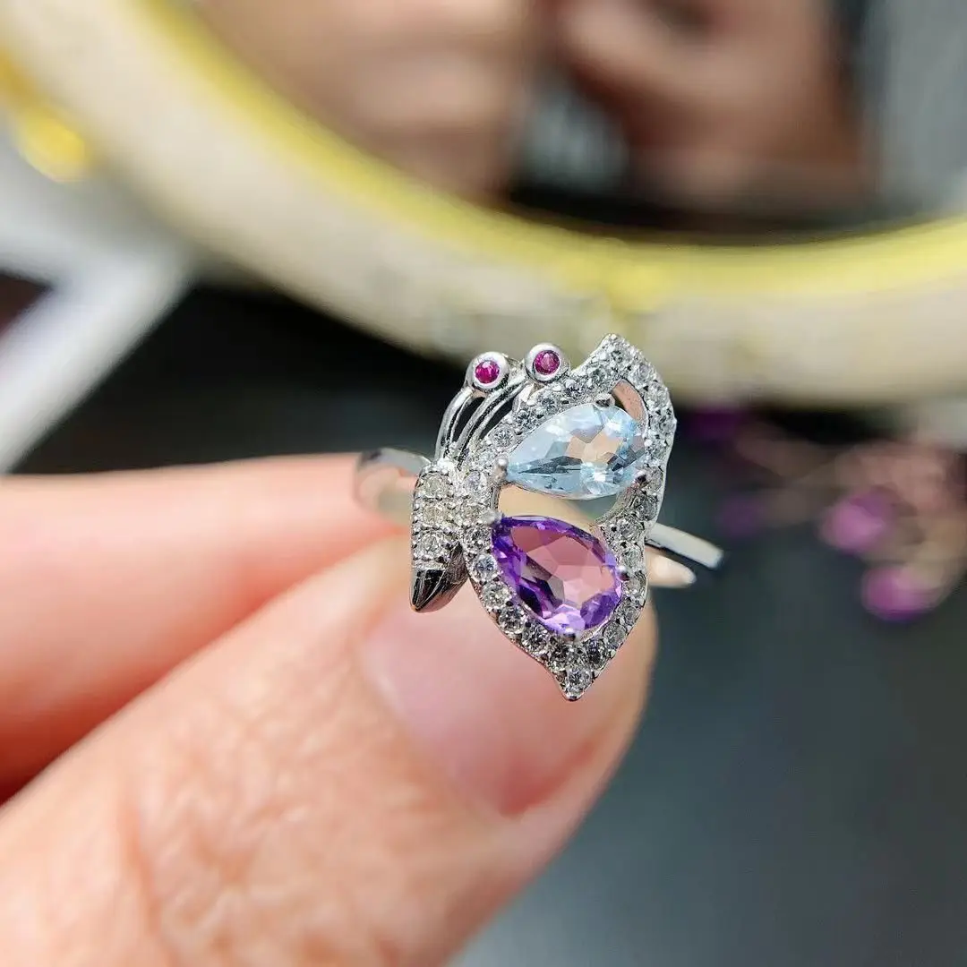 

Best Seller ZECAA Fine Jewelry Woman Amethyst Aquamarine Ring With Natural Amethyst Aquamarine Gemstone 4*6mm Silver Lady Ring