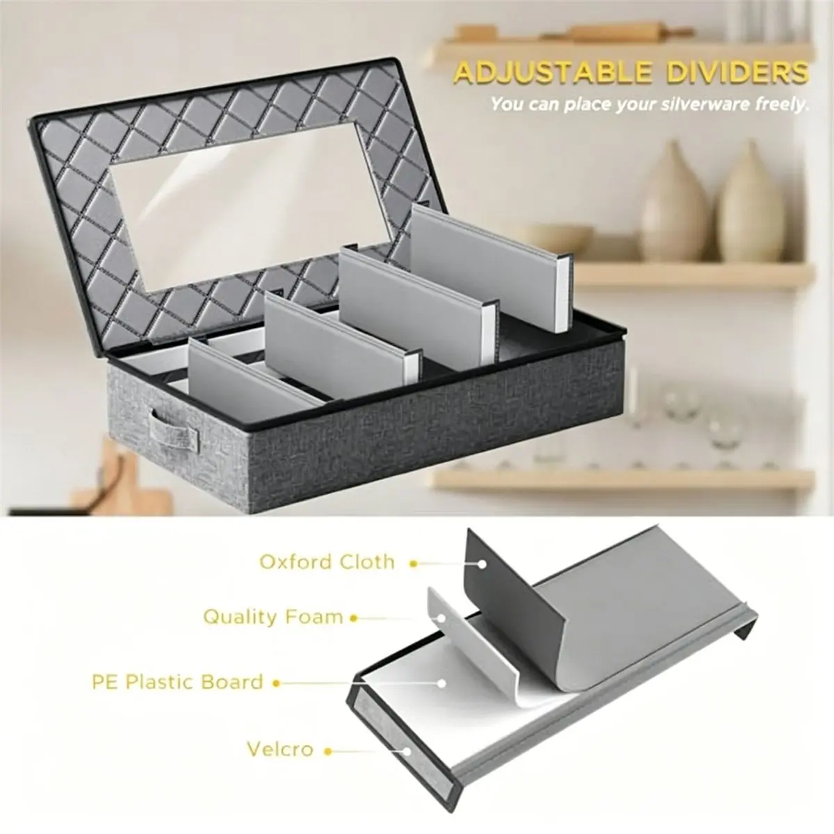 Silverware Storage Box -Adjustable Divider Hard Shell Flatware Organizer with Clear Window and Zipper