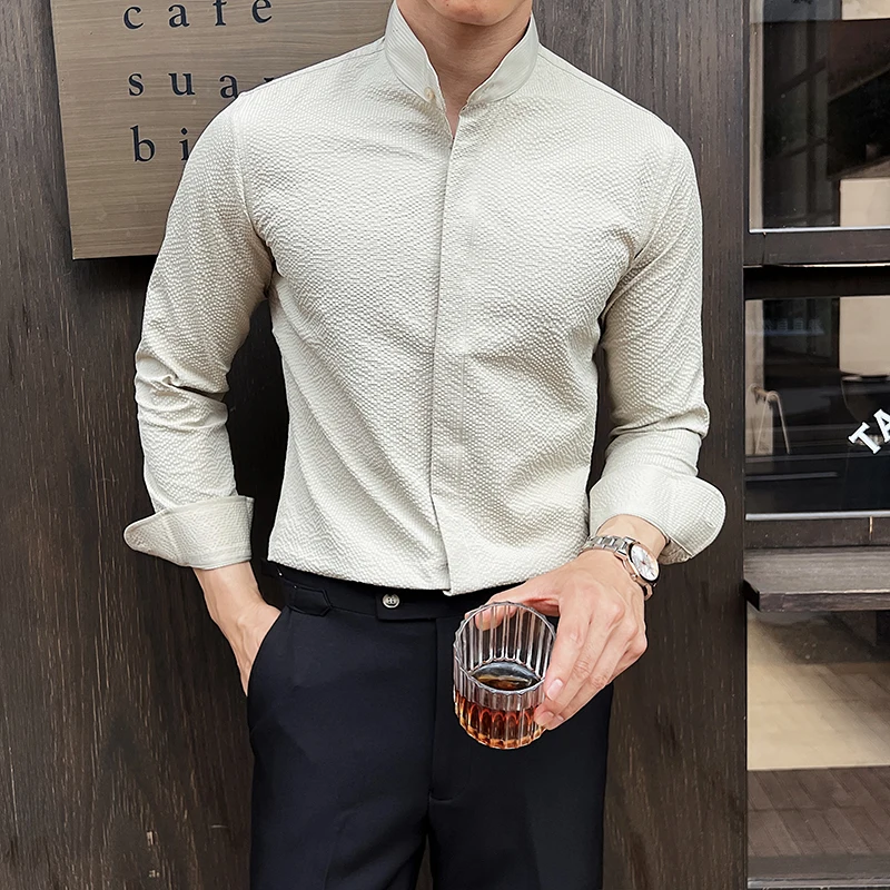 

Shirts for Men Long Sleeve 2024 Autumn New British Style Solid Casual Slim Fit Stand-up Collar Formal Dress Shirt Men Clothing