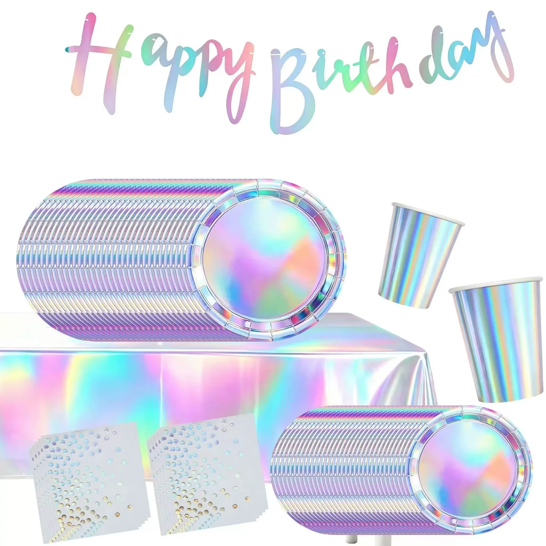Holographic Iridescent Party Tableware Kit, Plates Cups Napkins Tablecloth Happy Birthday Banner for Birthday Celebration
