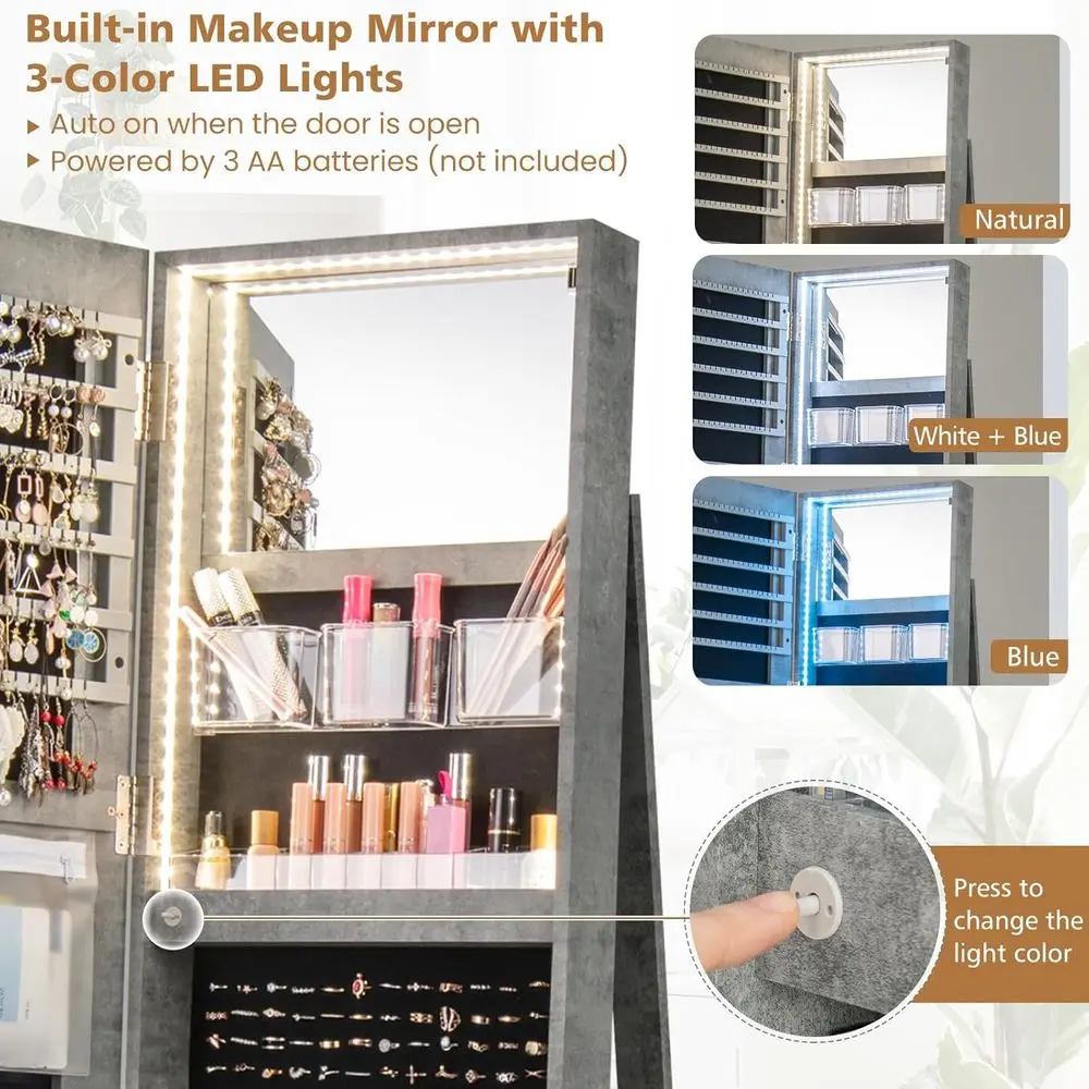 Stone Gray Lockable Jewelry Armoire with Full Length Mirror, Swivel Design, Interior Vanity Mirror, 3-Color Lights, and Rear Sto