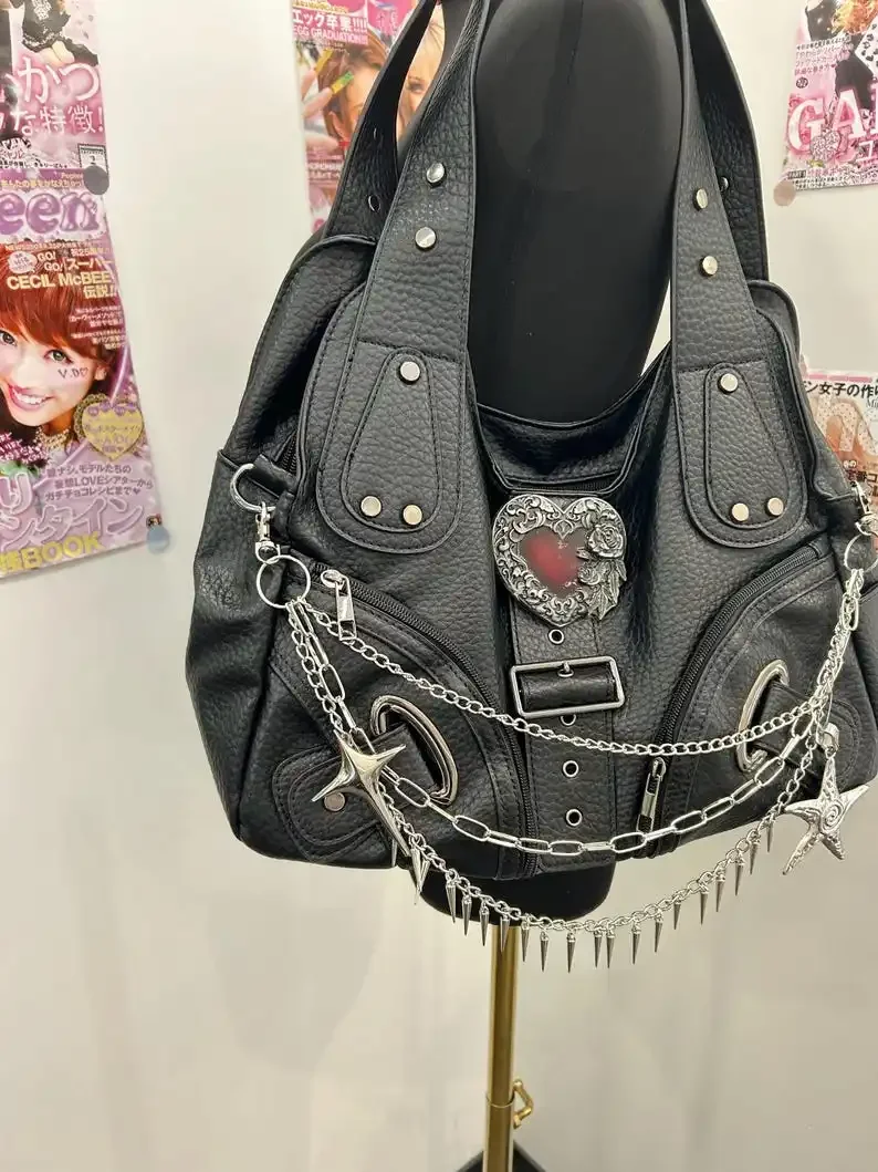 Black PU Leather Star Spike Chain Punk Harajuku Y2K Large Tote Handbag Gyaru Gothic Heart Rose Hobo Shoulder Bag