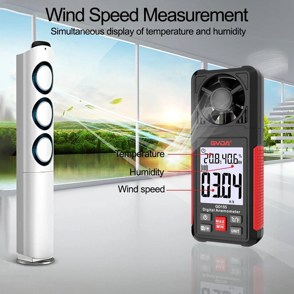 GVDA Digital Anemometer Portable Wind Speed Meter Windmeter LCD Backlight Display Temperature Humidity Meter Air Velocity Gauge